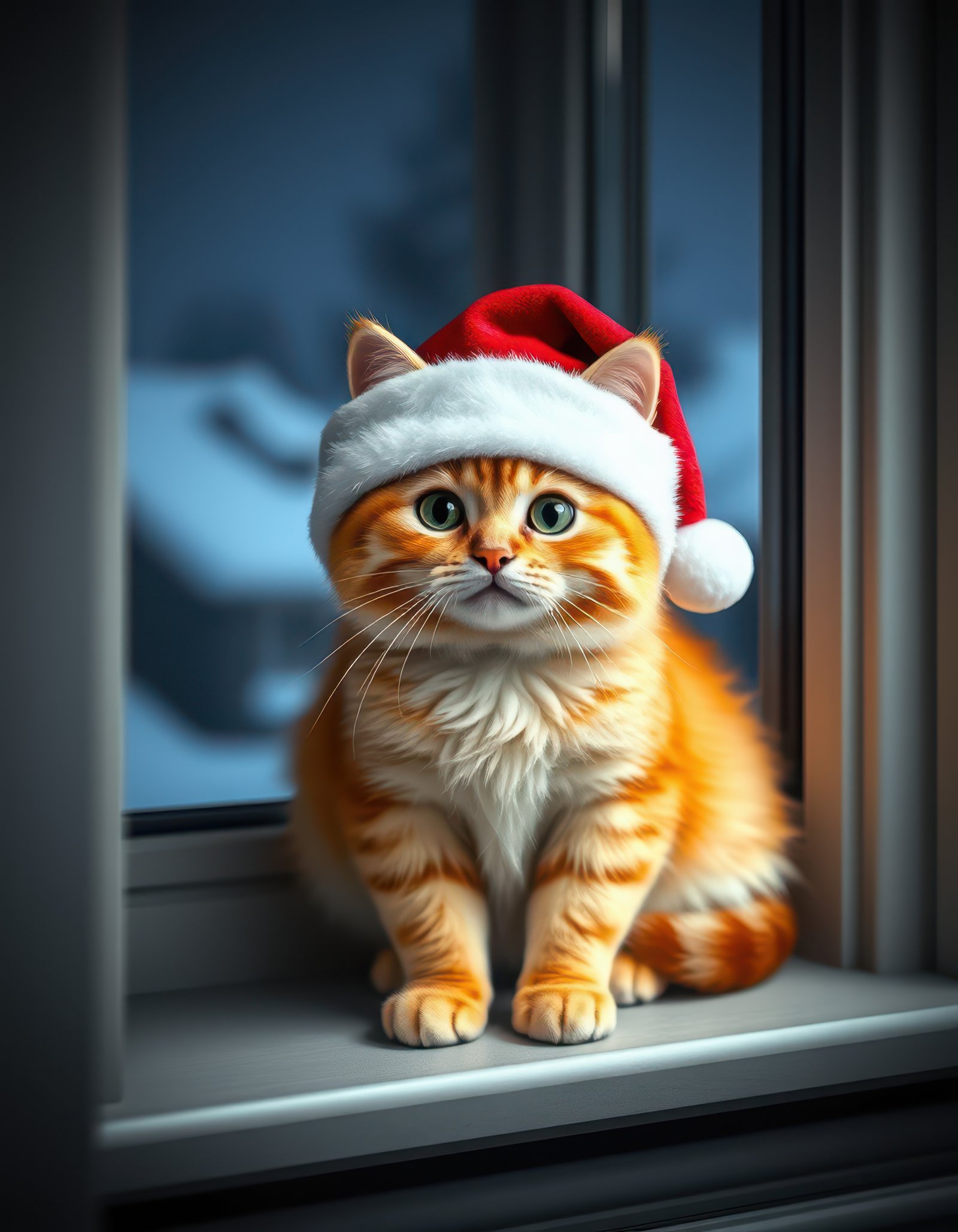 Cute orange tabby cat wearing a Santa hat sits on a windowsill during winter, looking curiously at the snowy landscape outside